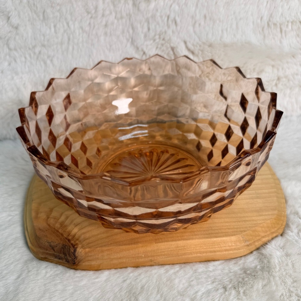 Fostoria Pink American Lg Bowl Vintage 2056 Cube Pattern Glass Sawtooth Rim 9 in